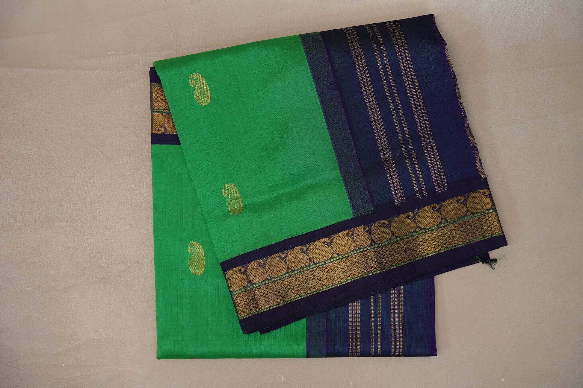 Leaf Green with Navy Blue Borders Silk Cotton Saree