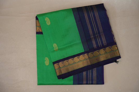 Leaf Green with Navy Blue Borders Silk Cotton Saree