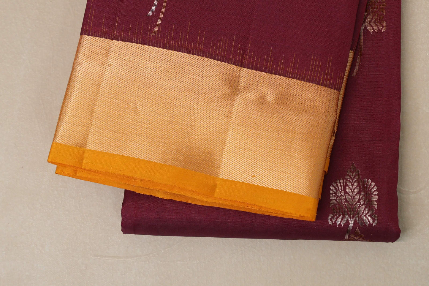 Deep maroon with mustard yellow Borders Light Weight Kanchipuram Silk Saree border