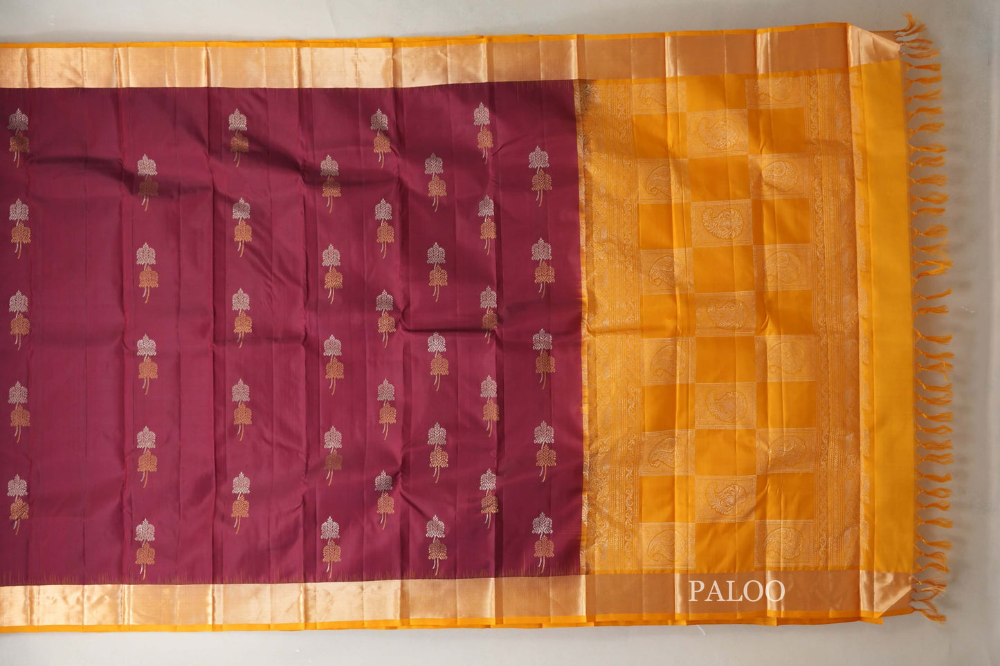  Deep maroon with mustard yellow Borders Light Weight Kanchipuram Silk Saree paloo