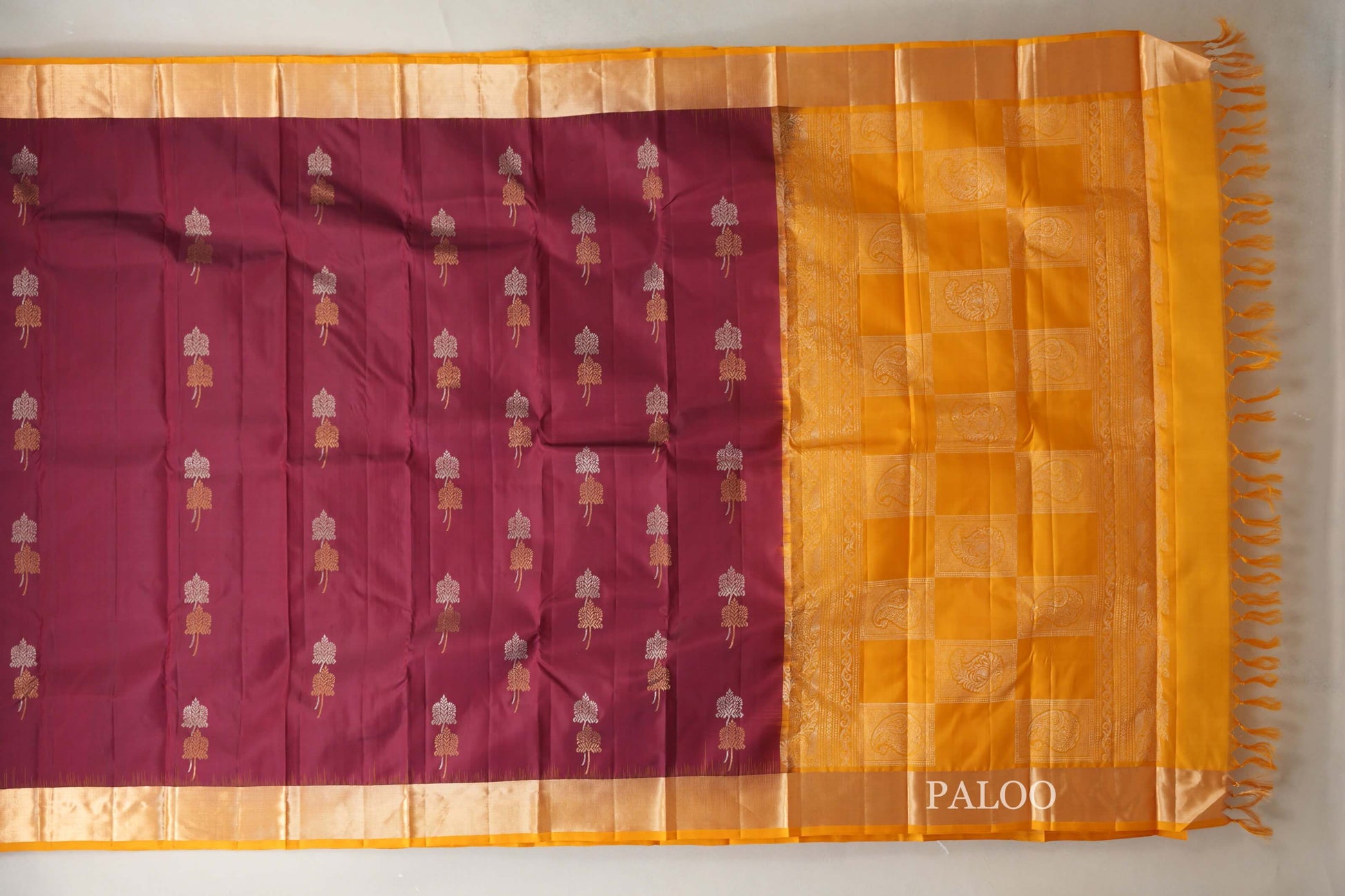  Deep maroon with mustard yellow Borders Light Weight Kanchipuram Silk Saree paloo
