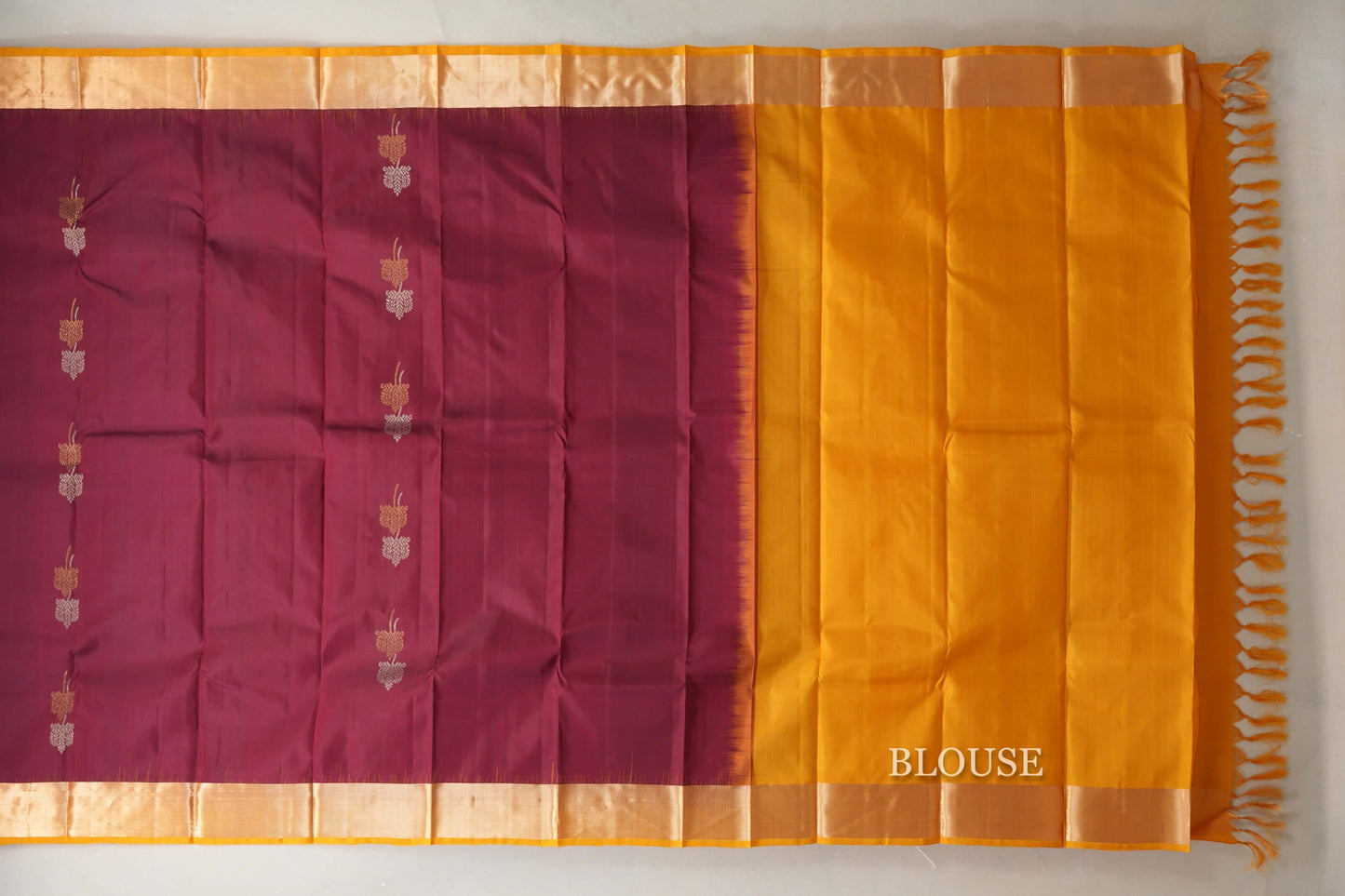 Deep maroon with mustard yellow Borders Light Weight Kanchipuram Silk Saree blouse