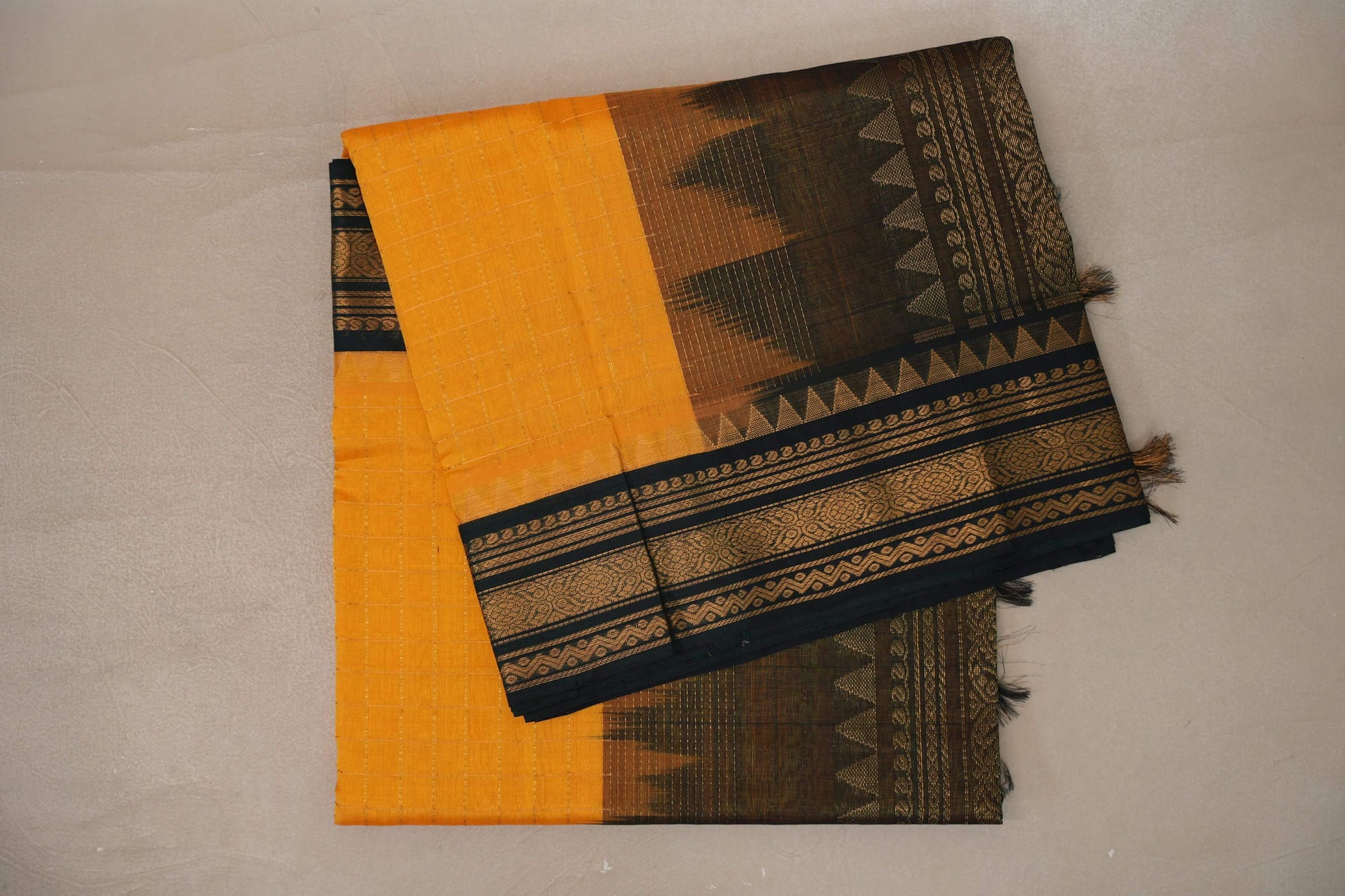 Mango Yellow with Black Borders Silk Cotton Saree