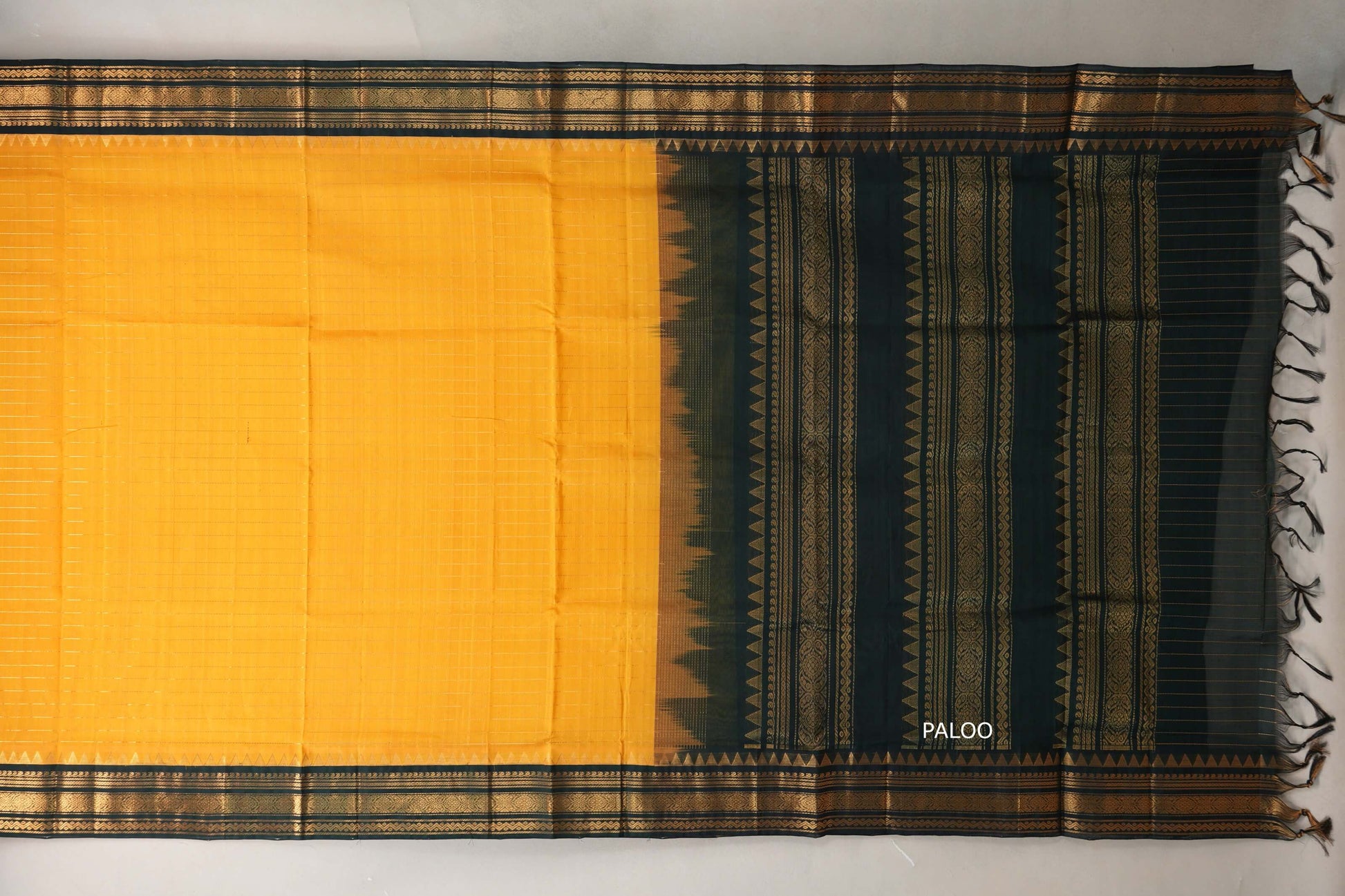 Mango Yellow with Black Borders Silk Cotton Saree paloo