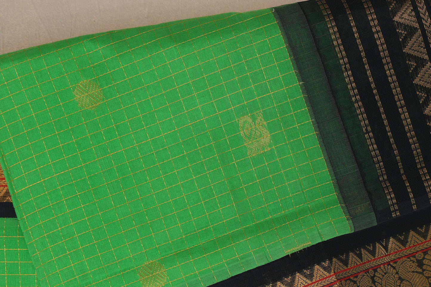 Bright Green with Black Borders Silk Cotton Saree body