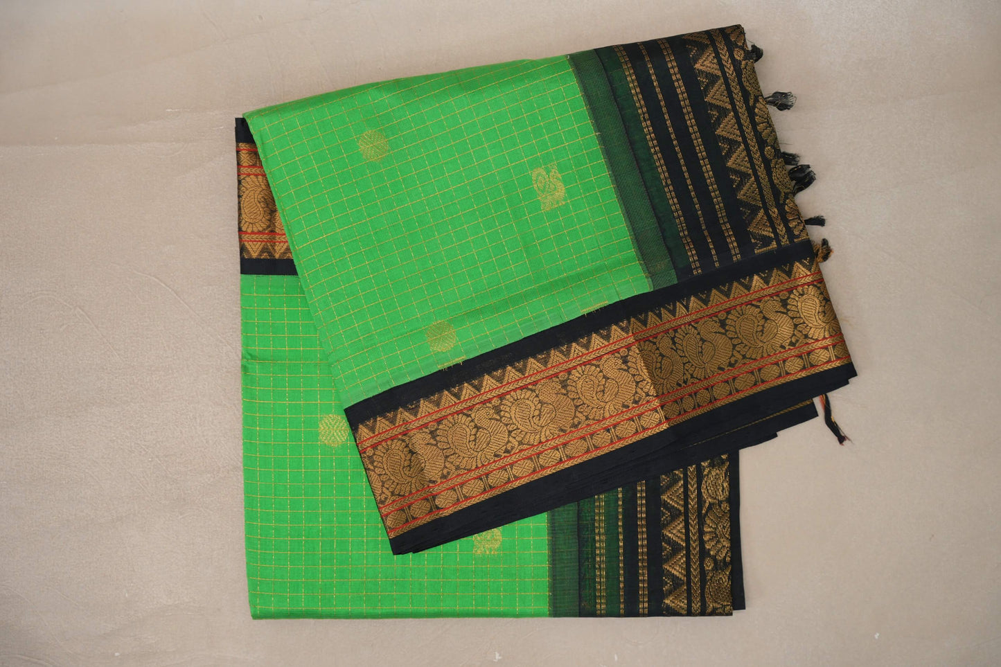 Bright Green with Black Borders Silk Cotton Saree