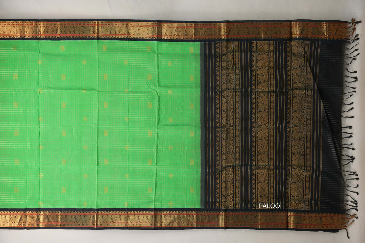 Bright Green with Black Borders Silk Cotton Saree paloo