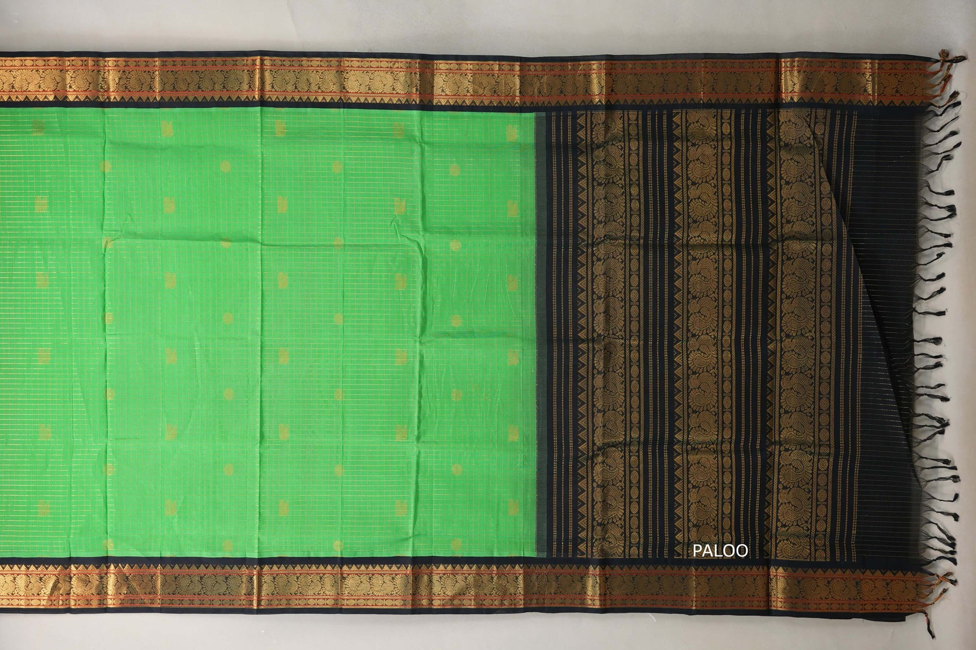 Bright Green with Black Borders Silk Cotton Saree paloo