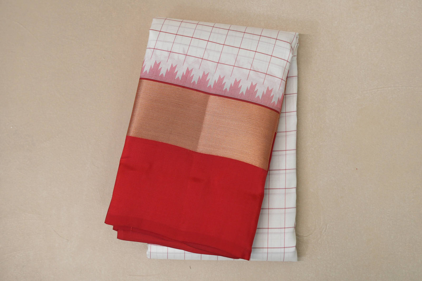 White with Tomato Red Borders Light Weight Kanjivaram Silk Saree by Shreenivas Silks PSSR018788 - Parisera