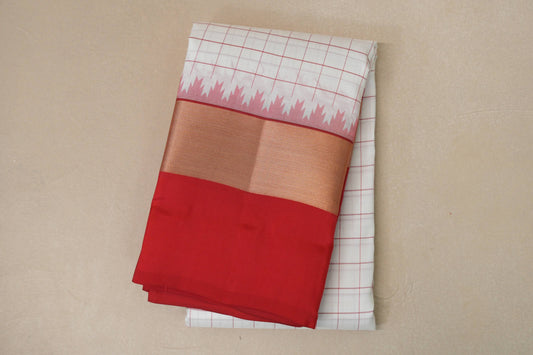 White with Tomato Red Borders Light Weight Kanjivaram Silk Saree by Shreenivas Silks PSSR018788 - Parisera