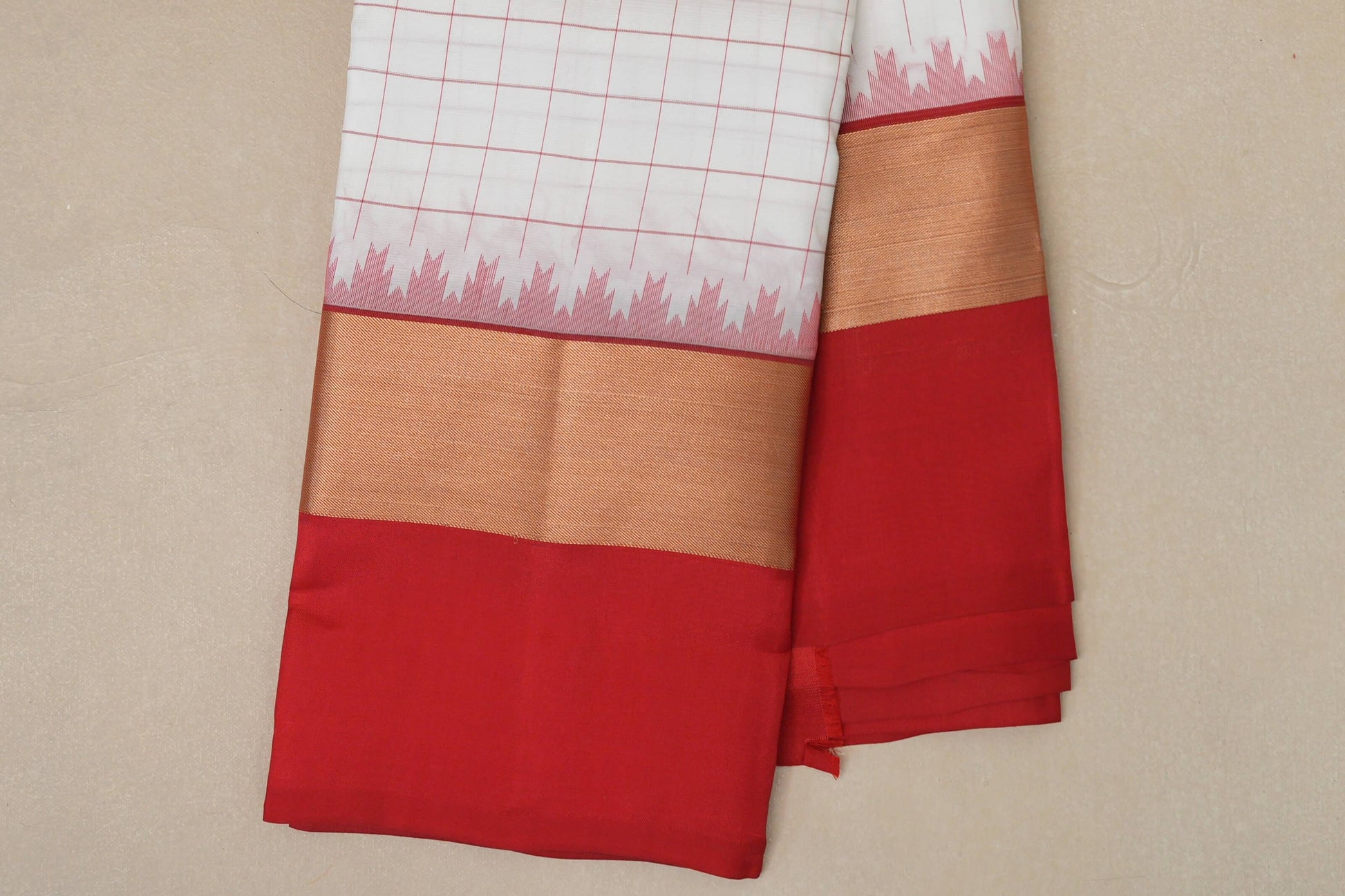 White with Tomato Red Borders Light Weight Kanjivaram Silk Saree by Shreenivas Silks PSSR018788 - Parisera