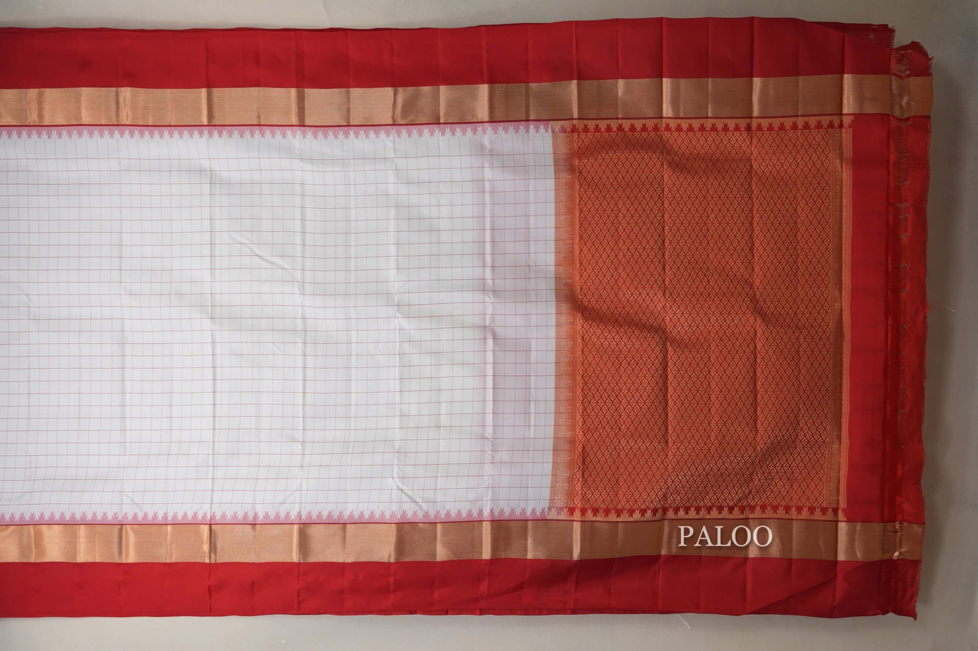 White with Tomato Red Borders Light Weight Kanjivaram Silk Saree by Shreenivas Silks PSSR018788 - Parisera