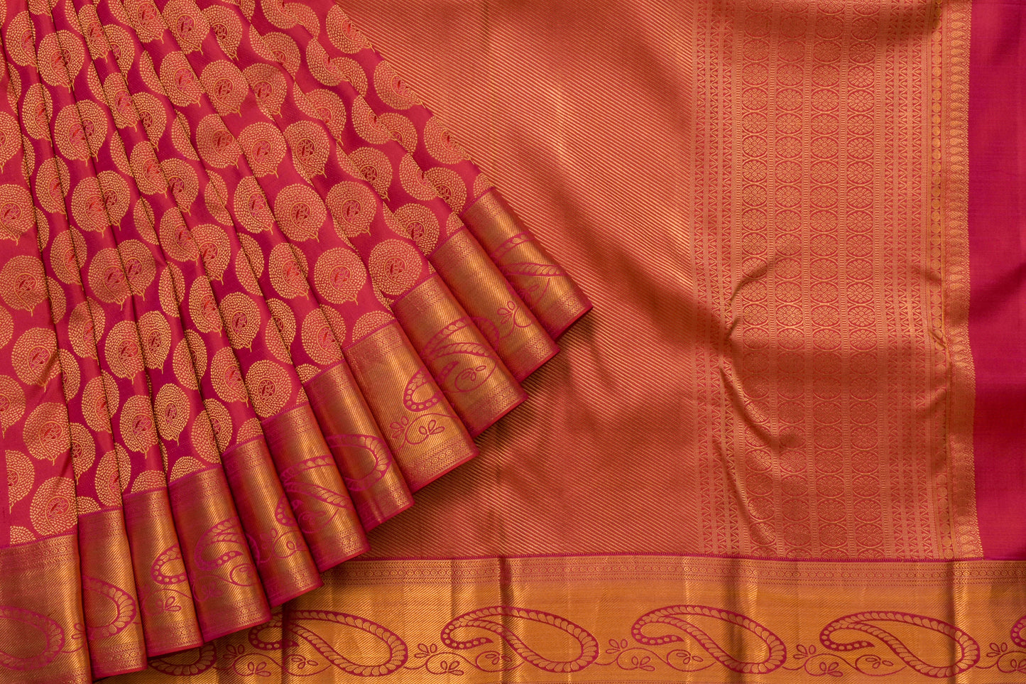Reddish Pink Kanjivaram Wedding Silk Saree by Tharakaram