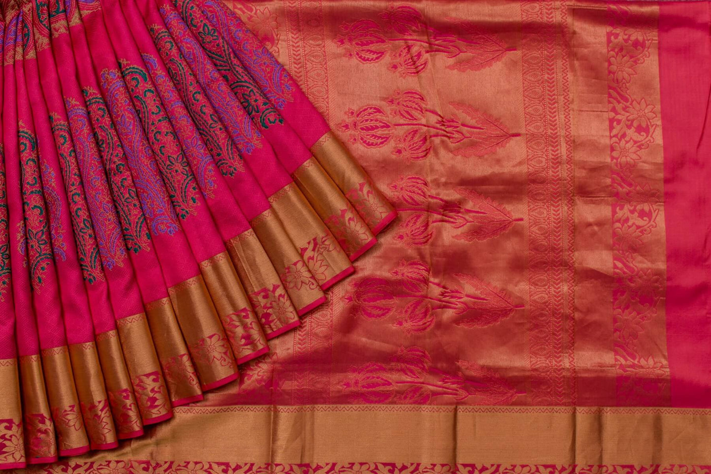 Block printed Pink Kanjivaram Silk Saree with Golden Zari Border