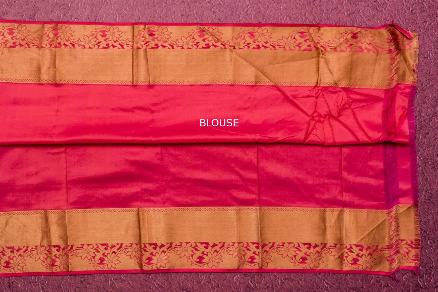 Block printed Pink Kanjivaram Silk Saree with Golden Zari Border
