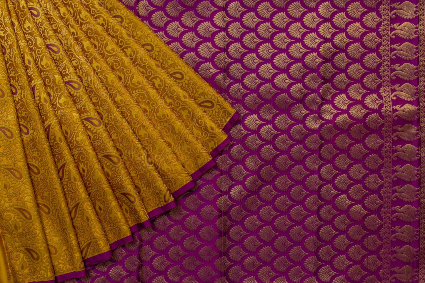 Golden Yellow/Purple Bridal Kanjivaram Silk Saree by Tharakaram PSTK04053