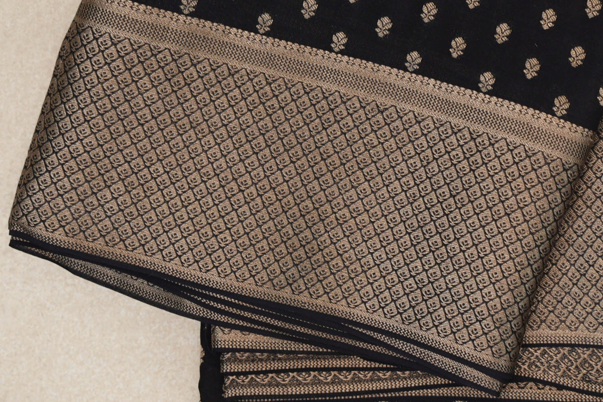 Jet Black Mysore Silk Saree  border zoom