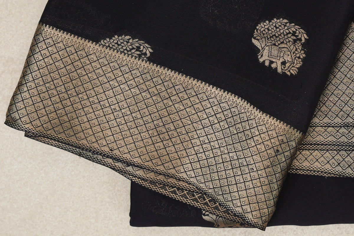 Jet Black Mysore Silk Saree  border zoom