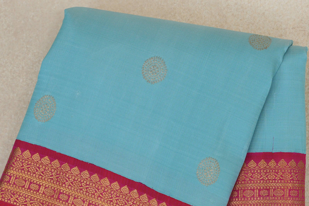 Sky Blue with Bright Rani Pink Borders Vintage Kanjivaram Silk Saree by Shreenivas Silks PSSR0110372