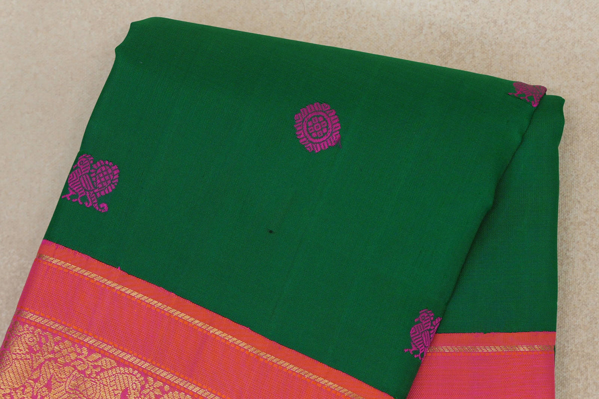 Emerald Green with Dual Tone of Orange and Pink Rettai Pettu Borders with Green Selvedge Vintage Kanjivaram Silk Saree by Shreenivas Silks PSSR0110373