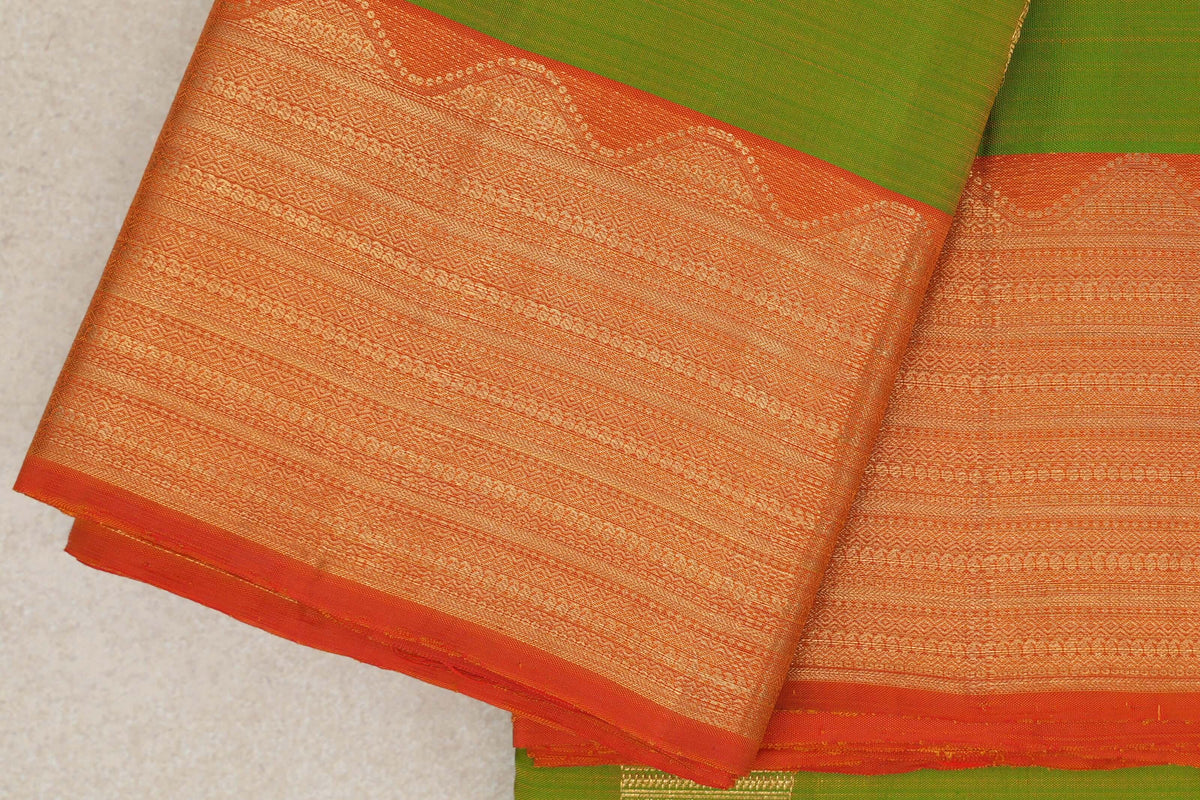 Parrot Green with Reddish Orange Borders Vintage Kanjivaram Silk Saree by Shreenivas Silks border