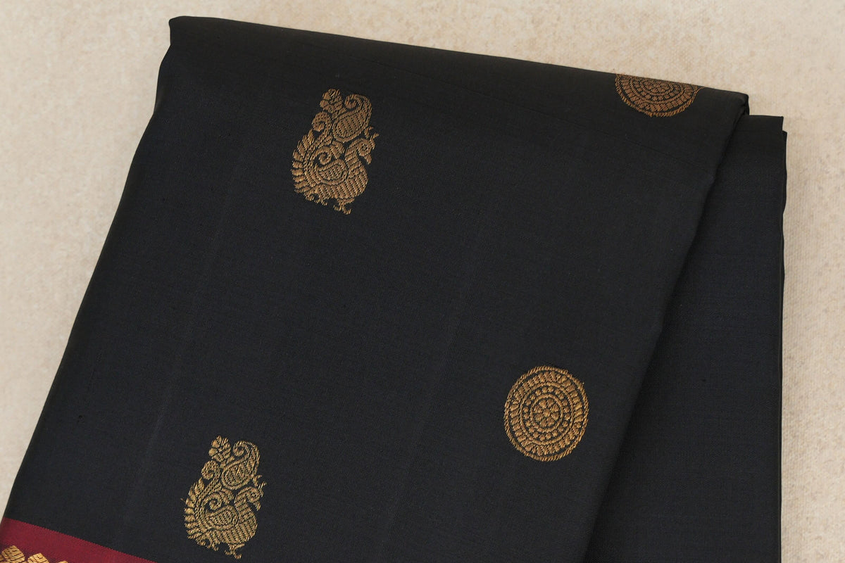 Black with Deep Maroon with Deep Orange Selvedge Borders Vintage Kanjivaram Silk Saree by Shreenivas Silks PSSR0110380