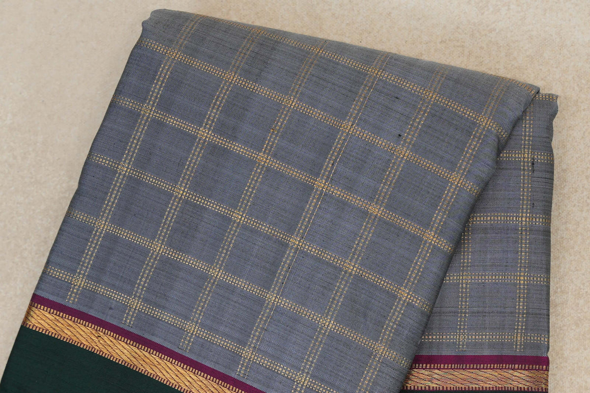 Silver Grey with Deep Magenta and Bottle Green Borders Vintage Kanjivaram Silk Saree by Shreenivas Silks body