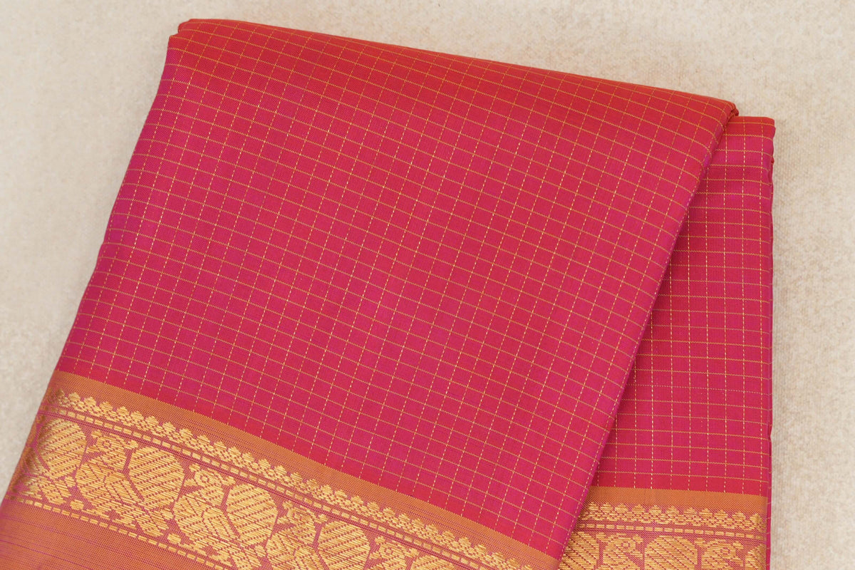 Pinkish Orange with Dual Tone of Yellow and Pink Borders Vintage Kanjivaram Silk Saree by Shreenivas Silks PSSR0110384
