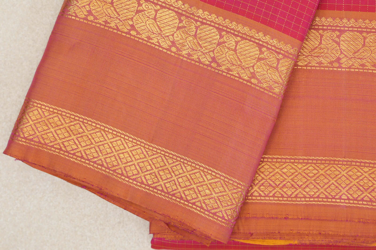 Pinkish Orange with Dual Tone of Yellow and Pink Borders Vintage Kanjivaram Silk Saree by Shreenivas Silks PSSR0110384