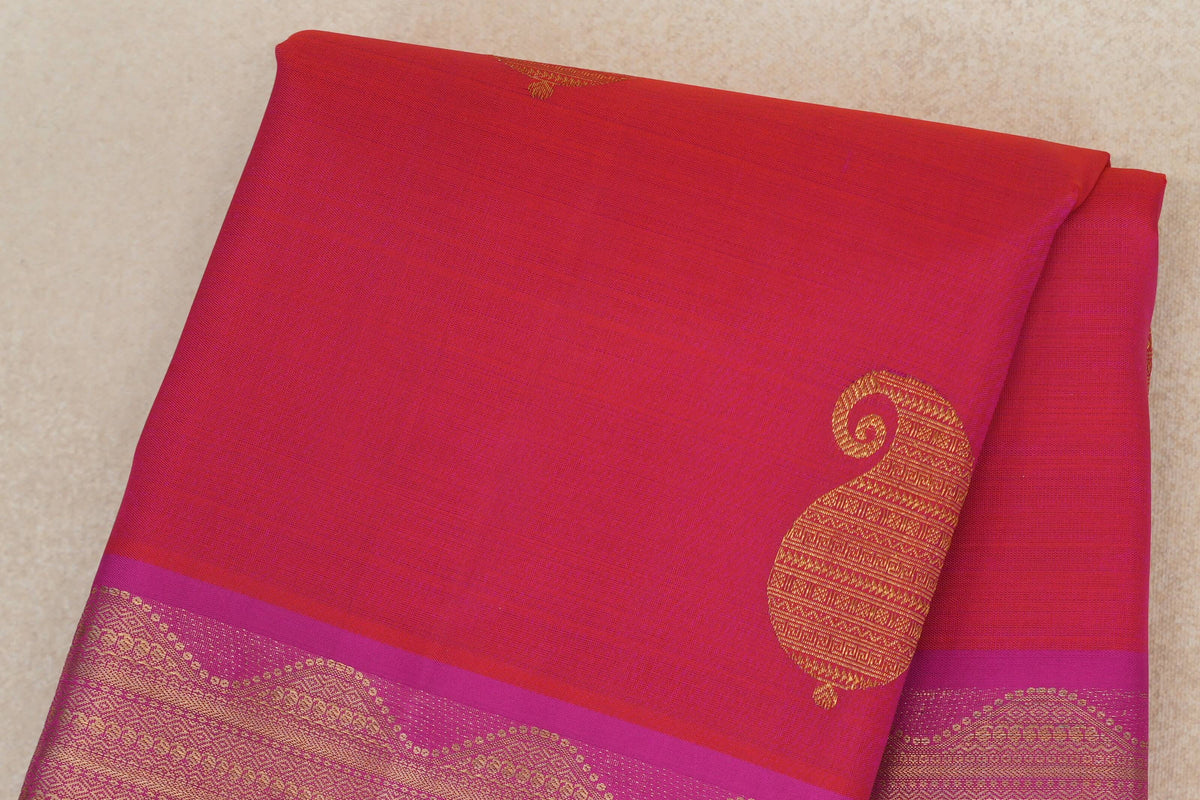 Orangish Pink with Magenta Borders Vintage Kanjivaram Silk Saree by Shreenivas Silksbody
