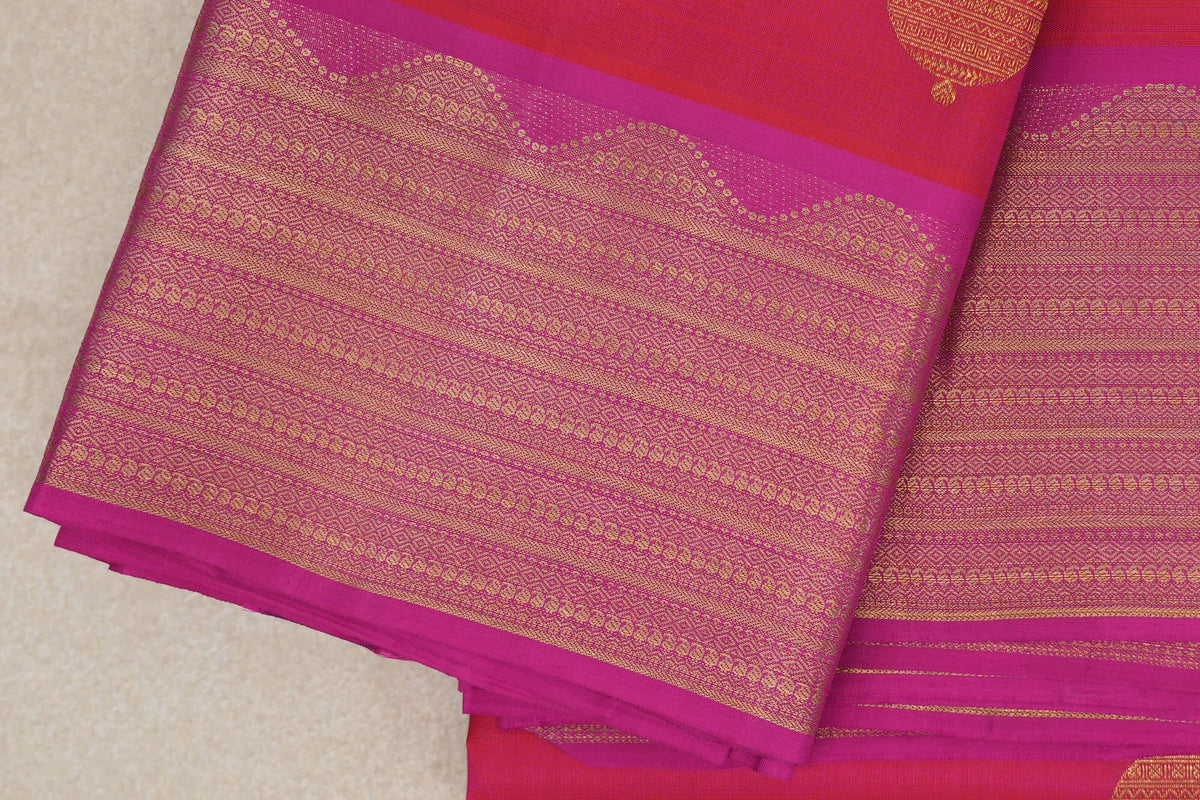 Orangish Pink with Magenta Borders Vintage Kanjivaram Silk Saree by Shreenivas Silks border