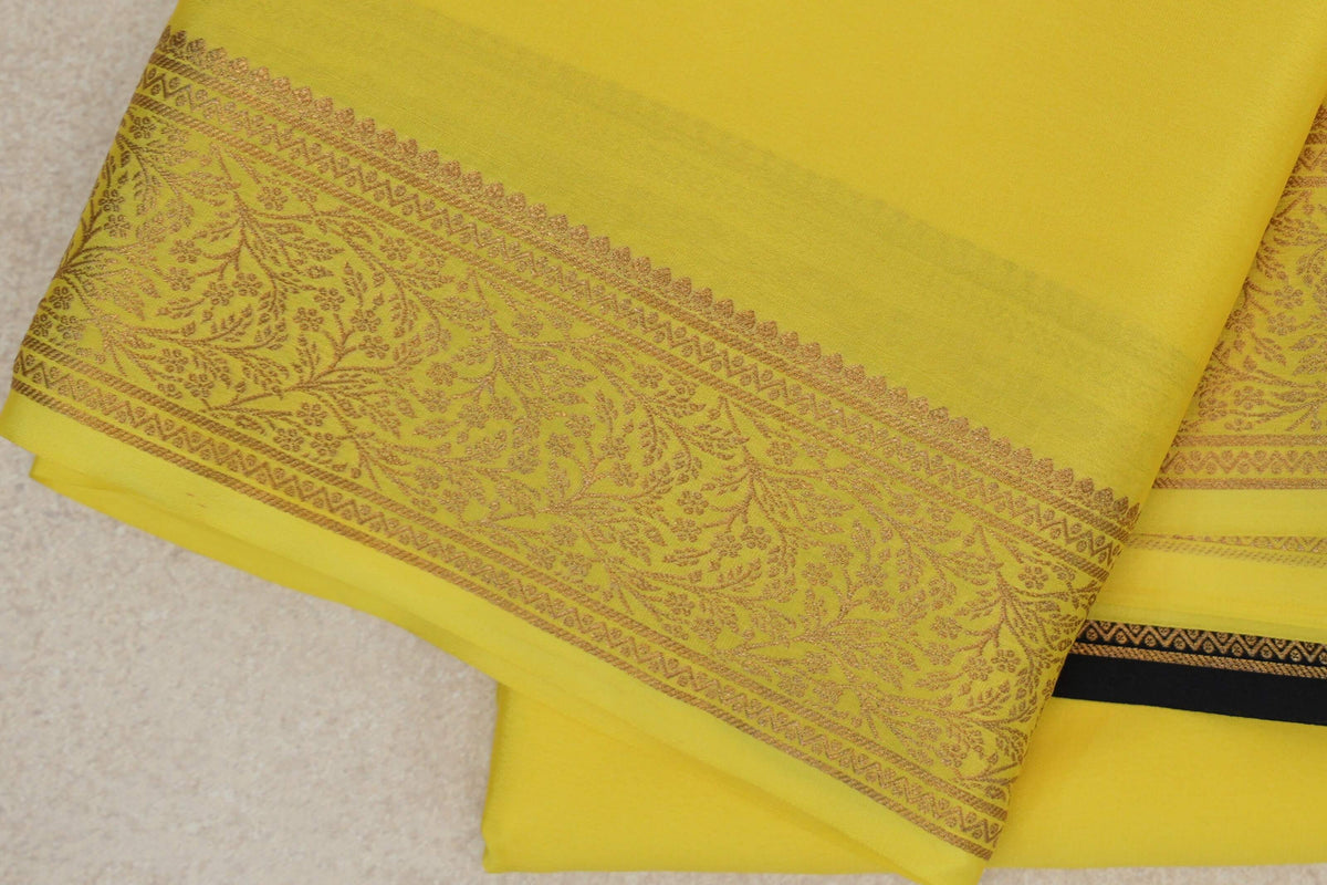 Bright Lemon Yellow Mysore Silk Saree border zoom