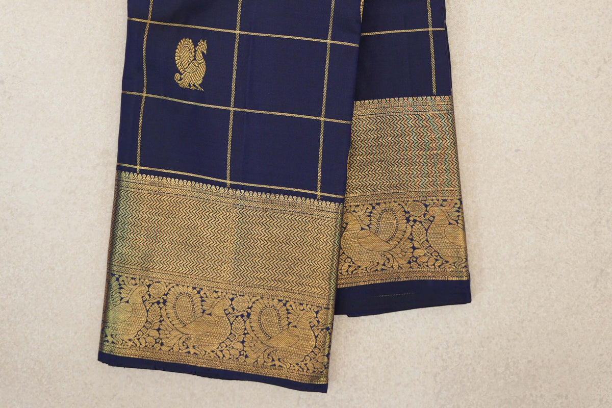  Deep Navy Blue Vintage Kanjivaram Silk Saree border zoom
