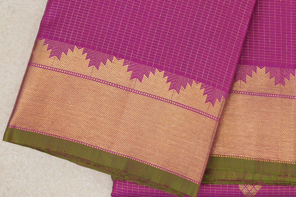 folded Bright Magenta Pink Vintage Kanjivaram Silk Saree border zoom