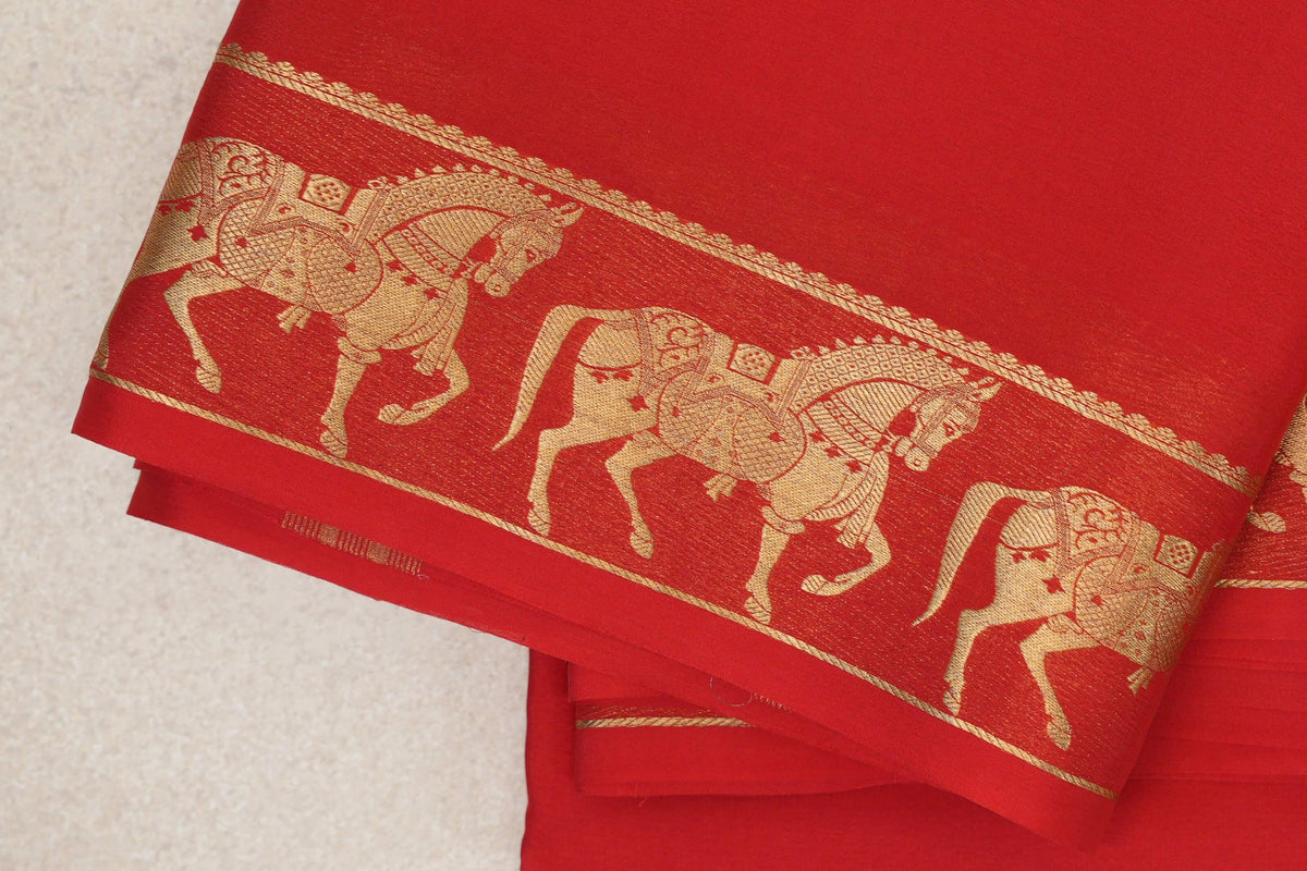 Bright Red Mysore Silk Saree  border zoom