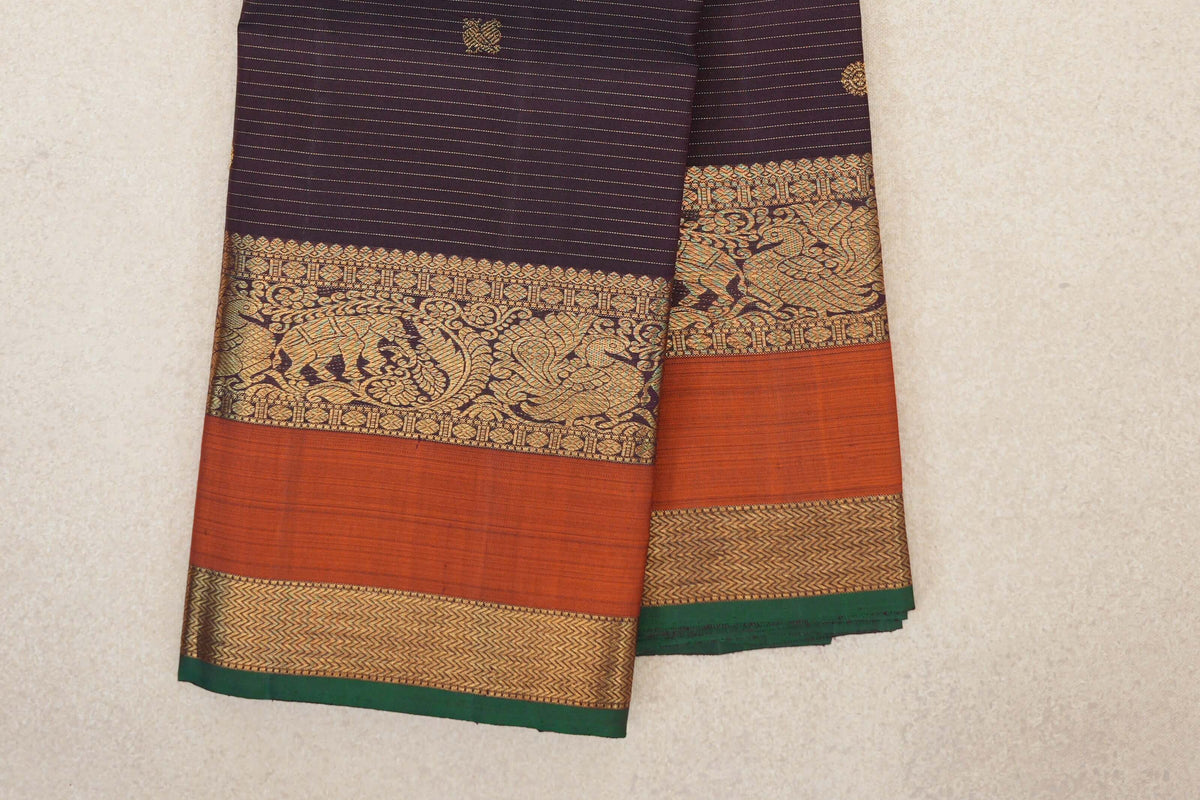 Deep Plum Brown Vintage Kanjivaram Silk Saree borderr zoom