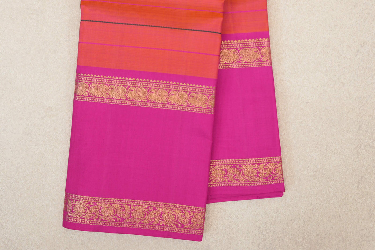 Dual Tone of Bright Orange and Pink Vintage Kanjivaram Silk Saree border zoom