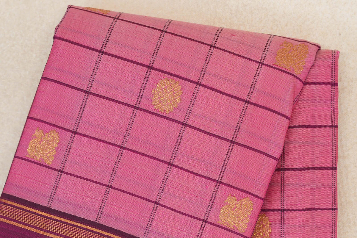 Dusty Pink with Grape Purple Borders Vintage Kanjivaram Silk Saree  body zoom