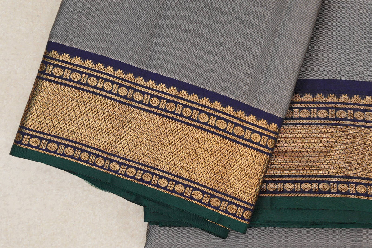 Olive Grey Vintage Kanjivaram Silk Saree  border zoom