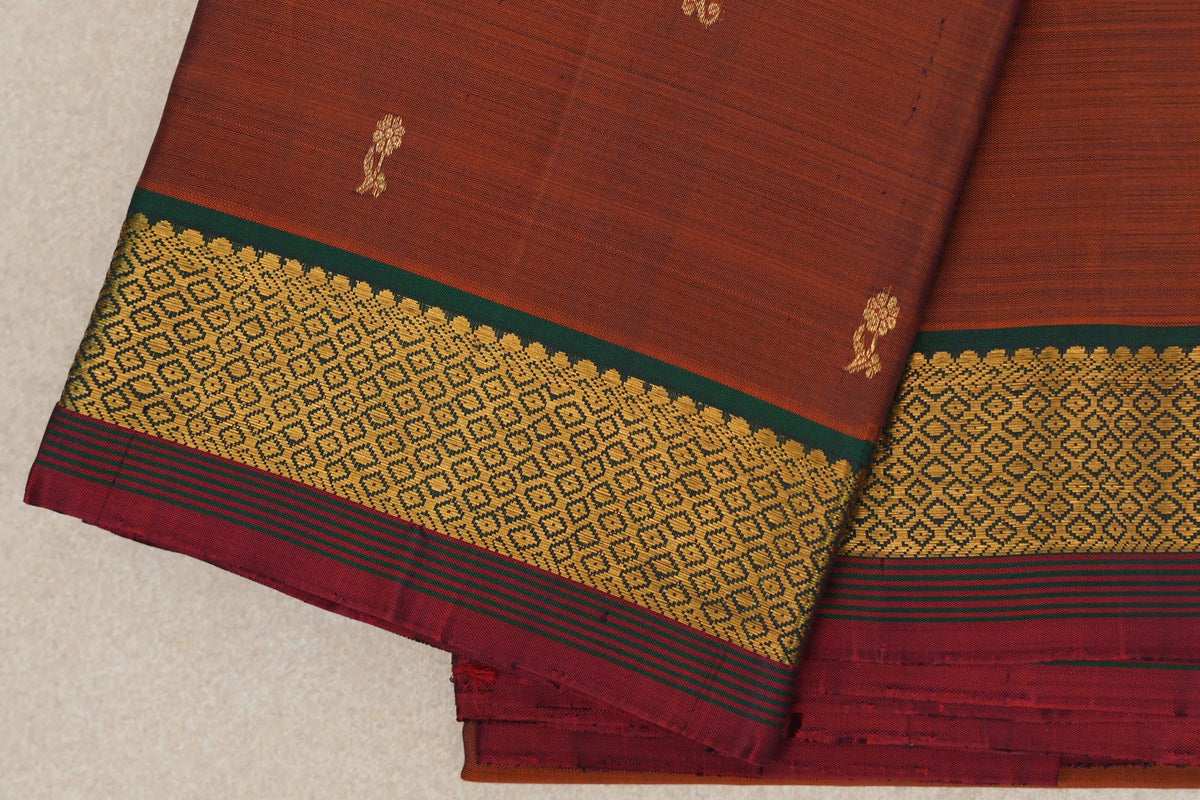 Rust orange Vintage Kanjivaram Silk Saree border zoom