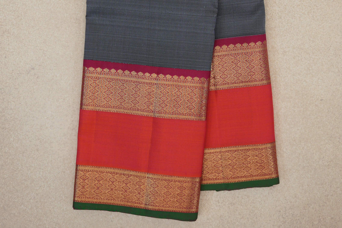 Steel Blue Grey Vintage Kanjivaram Silk Saree border zoom