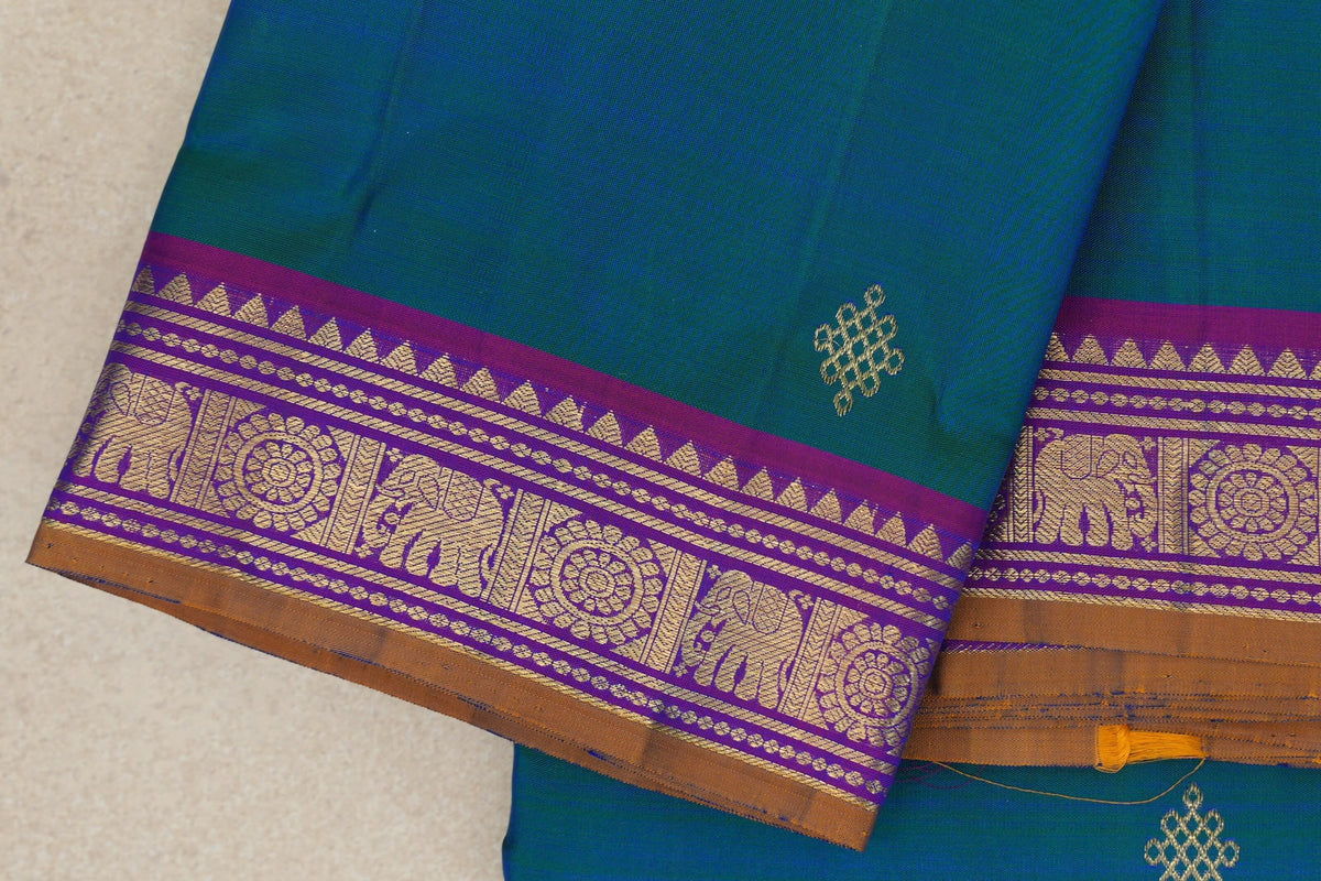 Peacock Blue with Dual Tone of Violet and Rani Pink Borders with Mustard Oil Selvedge Vintage Kanjivaram Silk Saree by Shreenivas Silks PSSR0110513