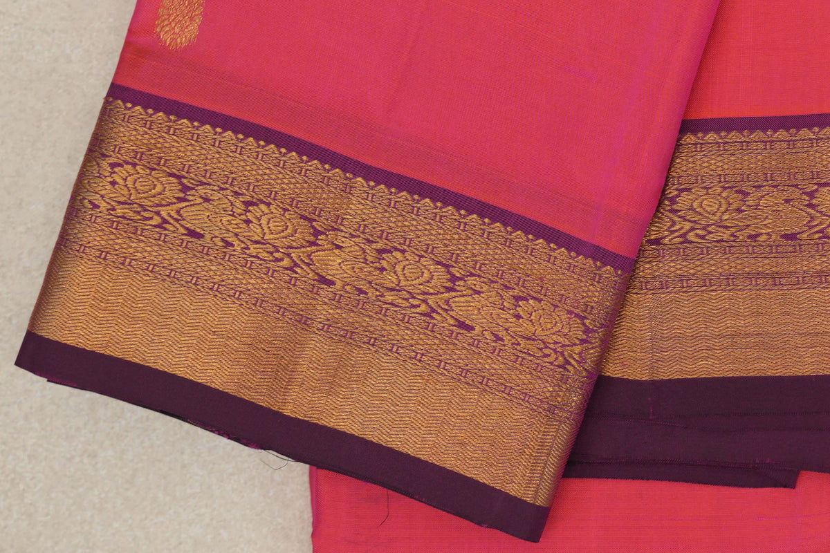 Orangish Pink Vintage Kanjivaram Silk Saree border zoom