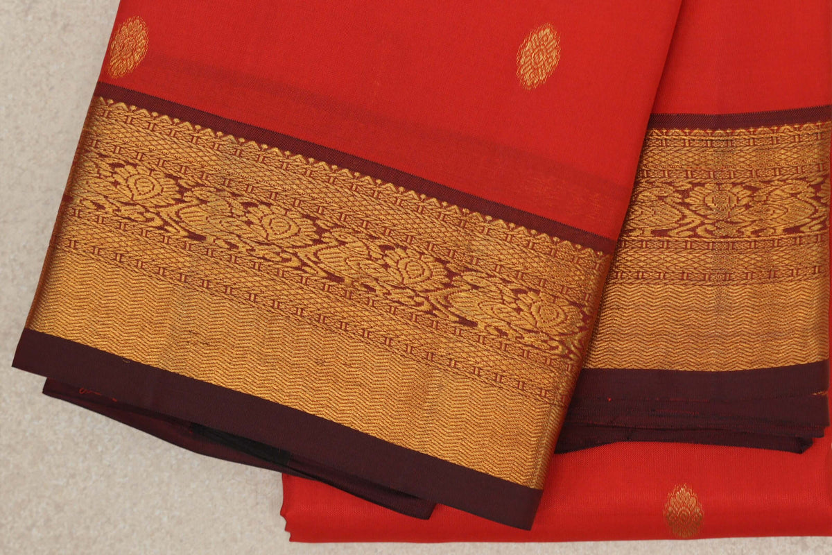 Bright Tomato Red Vintage Kanjivaram Silk Saree  border zoom