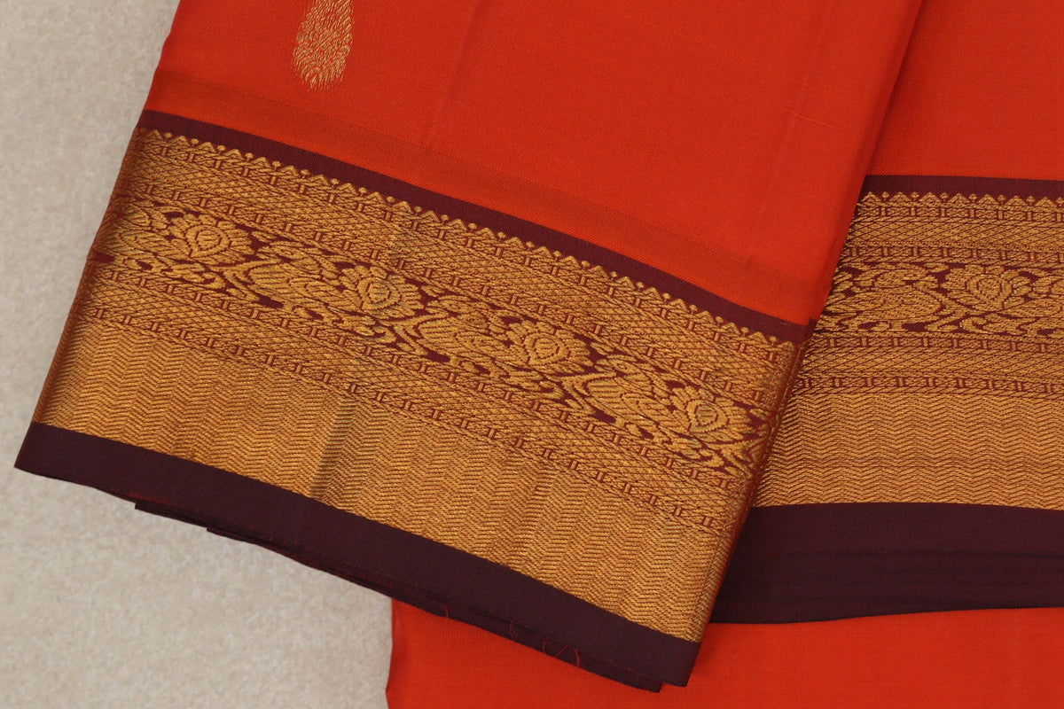 Bright Reddish Orange Vintage Kanjivaram Silk Saree border zoom
